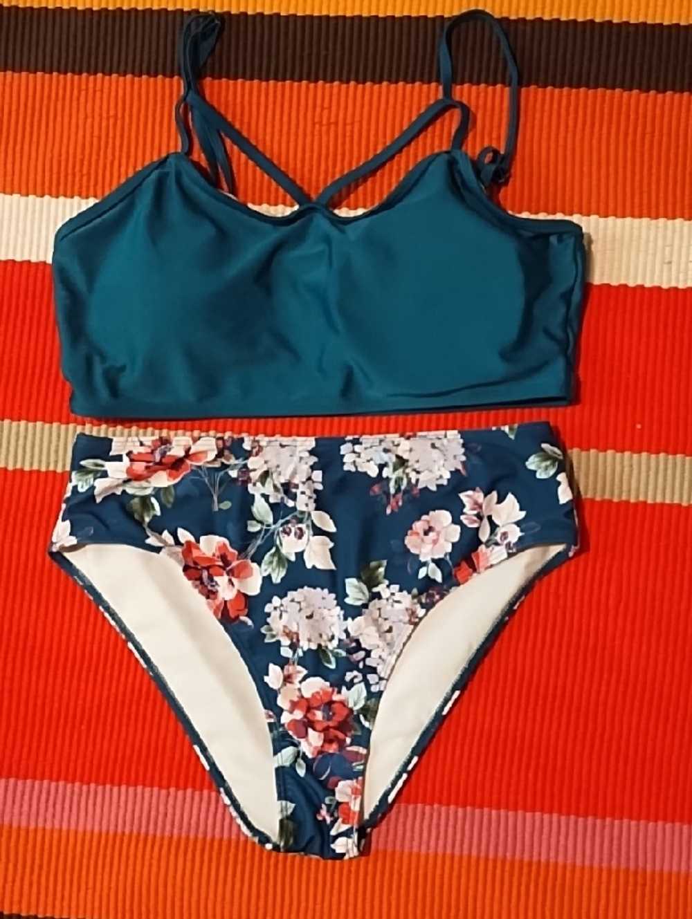 Teal Floral High-Waist Bikini Set - Women Swim Bikinis 1XL.